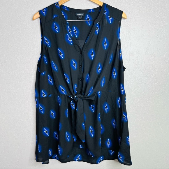 Torrid Black Electric Blue Bolts Peplum Tie Blouse sz 2x - Picture 1 of 5